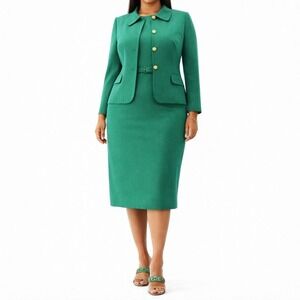80s Vintage Emerald Green Suit Womens XL 16 Holiday Blazer Statement Dress Set